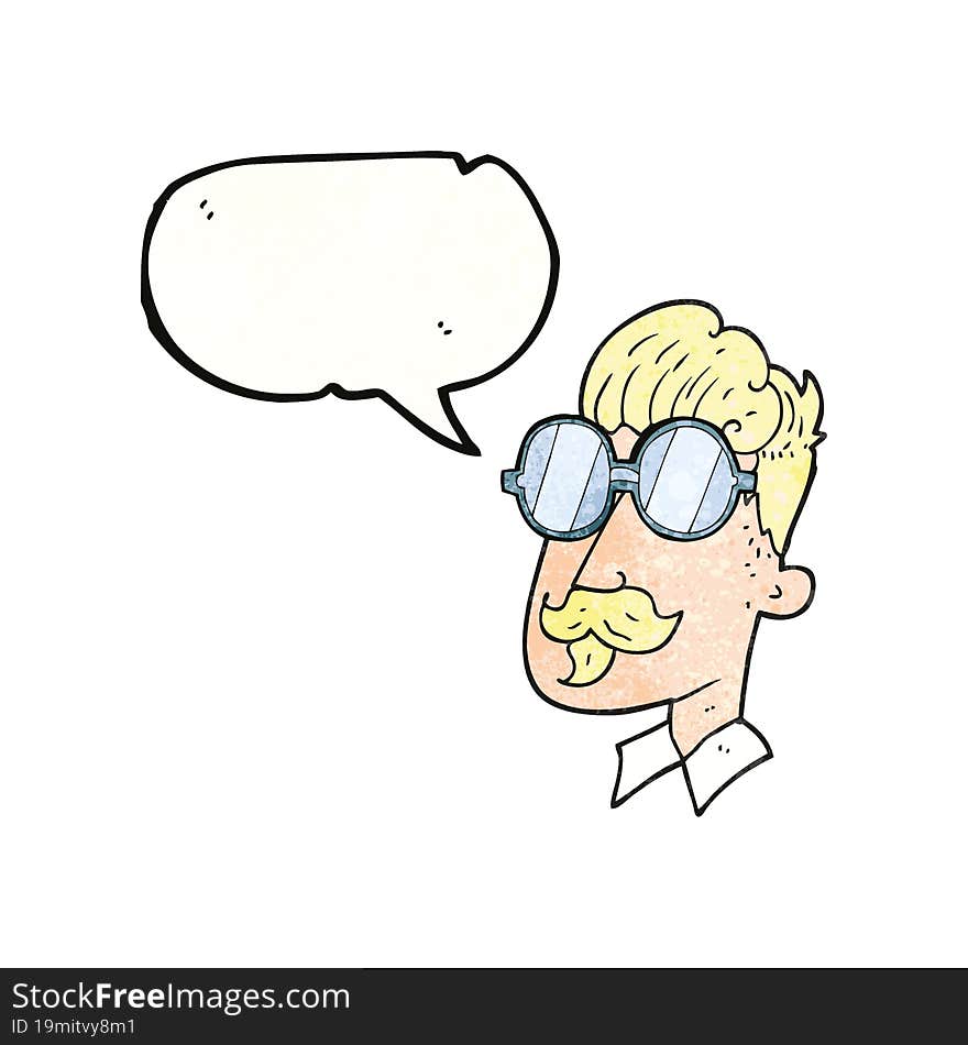 speech bubble textured cartoon man with mustache and spectacles