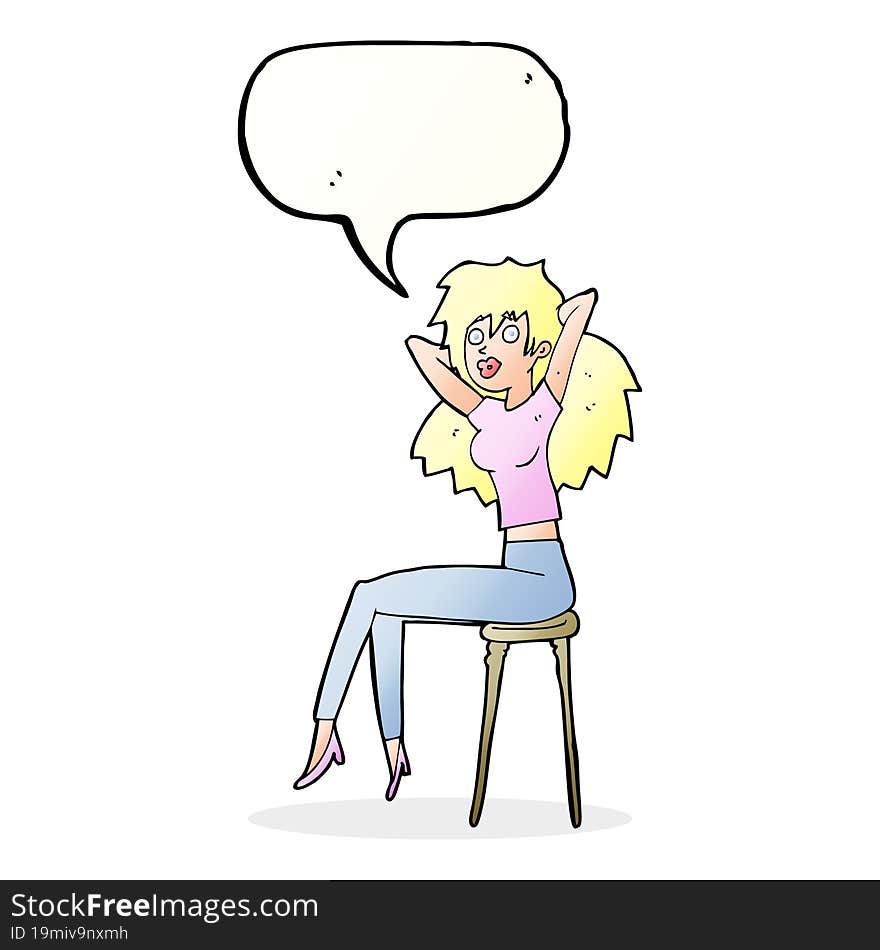 cartoon woman posing on stool with speech bubble