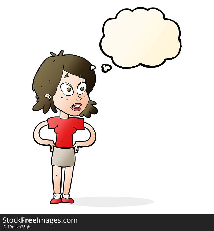 cartoon woman with hands on hips with thought bubble