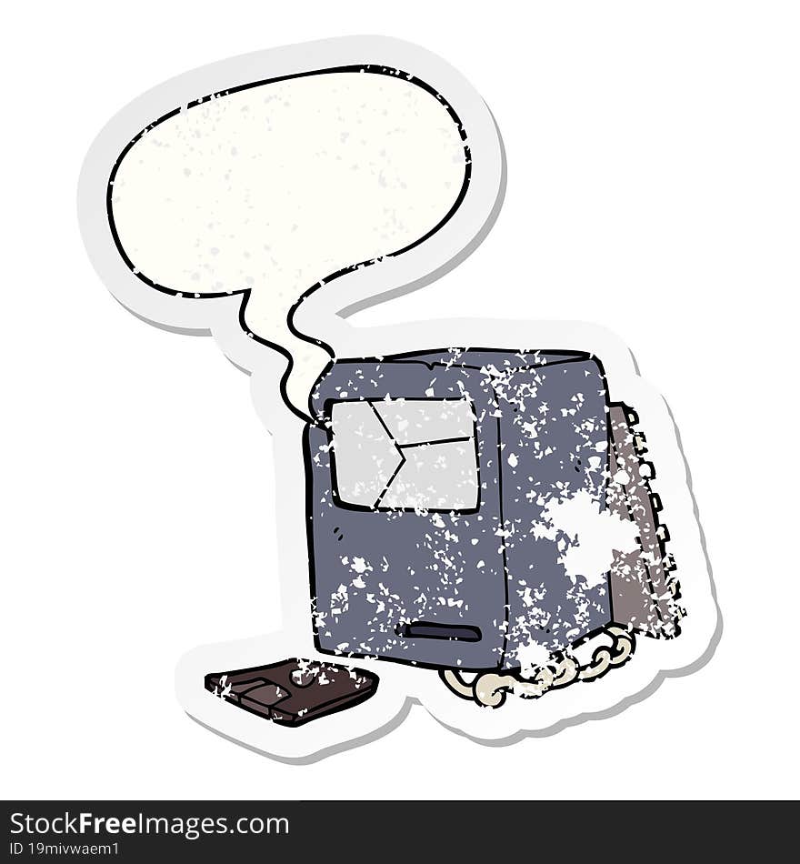 cartoon broken old computer and speech bubble distressed sticker