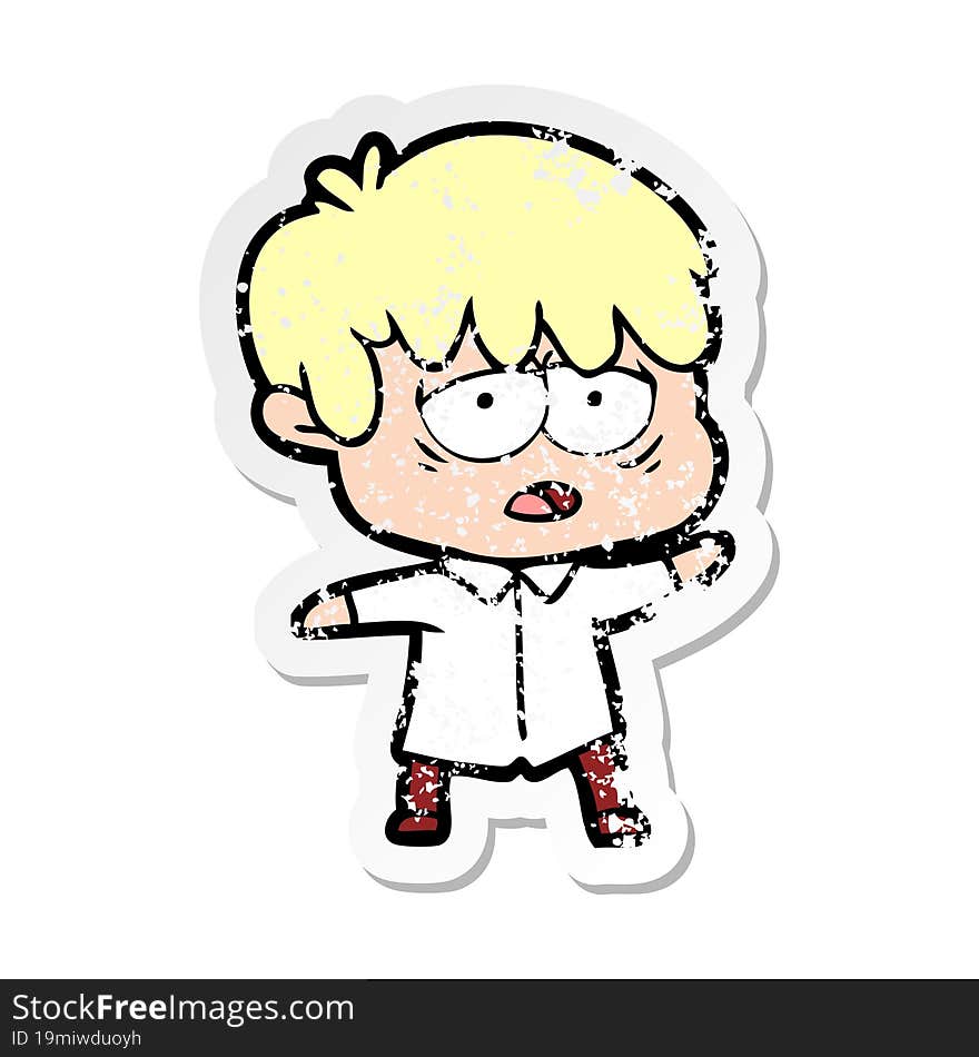 Distressed Sticker Of A Cartoon Exhausted Boy