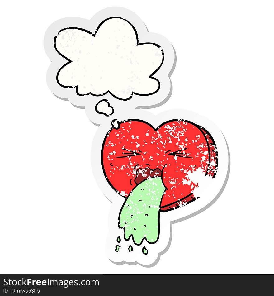 cartoon love sick heart and thought bubble as a distressed worn sticker