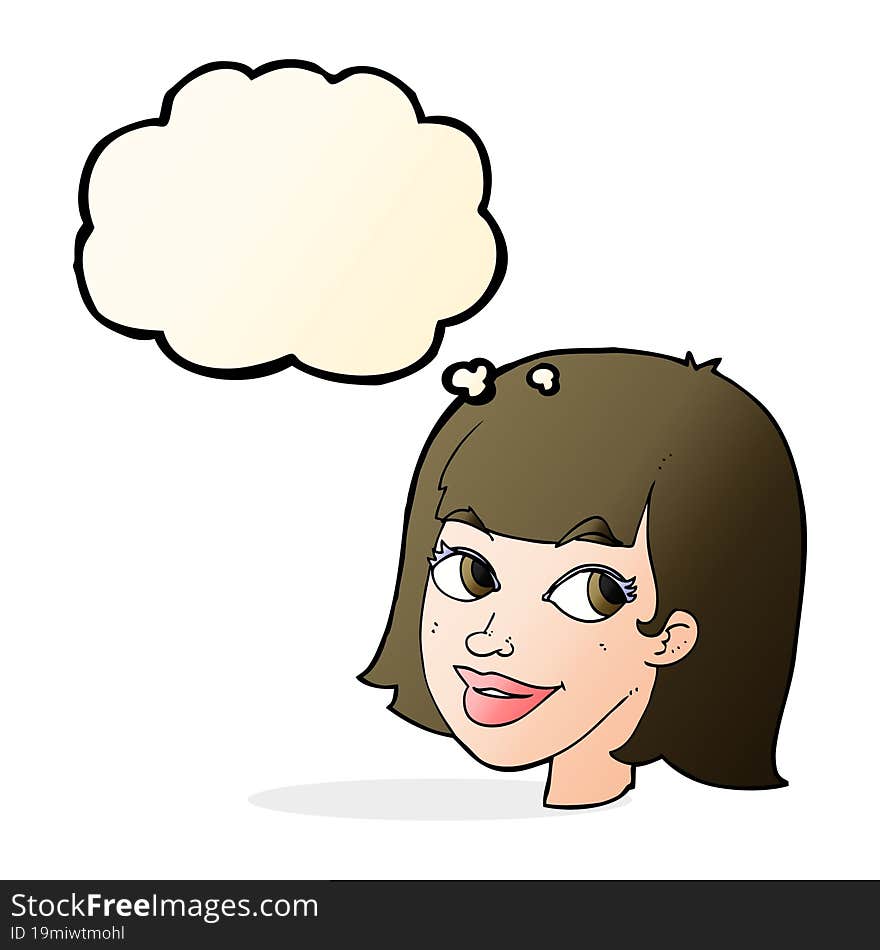 cartoon happy female face with thought bubble