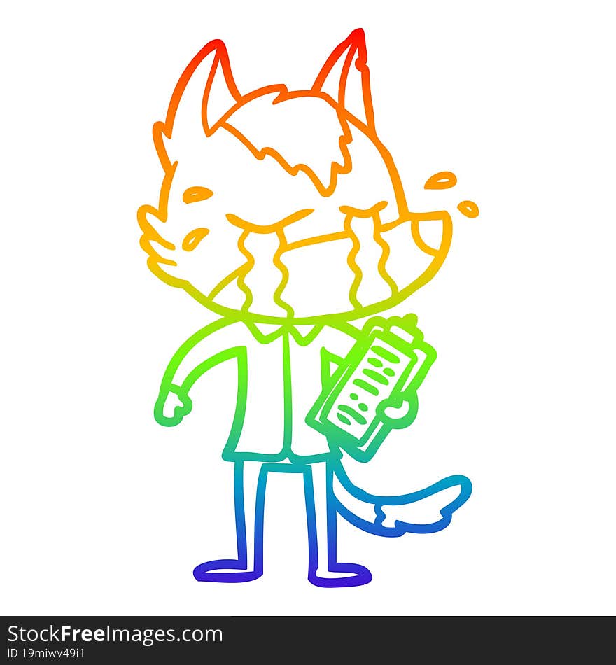 rainbow gradient line drawing cartoon crying wolf wearing work clothes