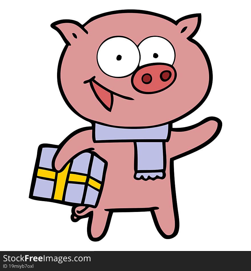 cheerful pig with christmas gift. cheerful pig with christmas gift