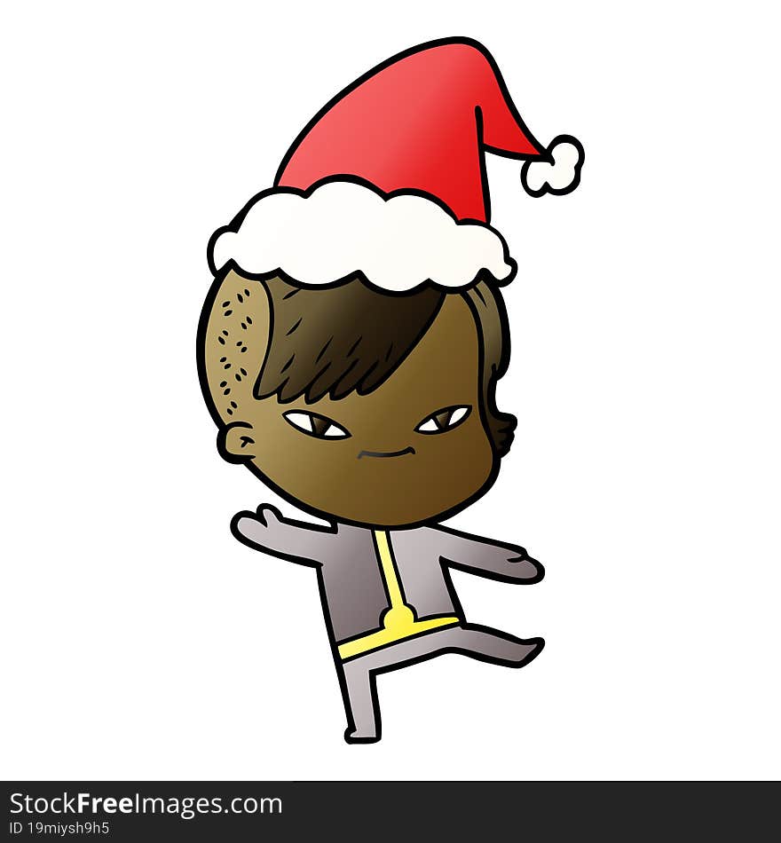 cute hand drawn gradient cartoon of a girl with hipster haircut wearing santa hat