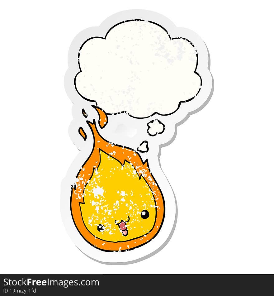 cute cartoon flame and thought bubble as a distressed worn sticker