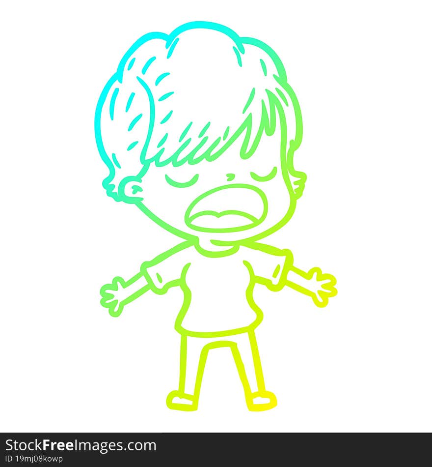 cold gradient line drawing of a cartoon woman talking