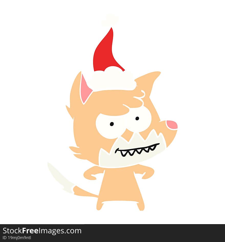 hand drawn flat color illustration of a grinning fox wearing santa hat