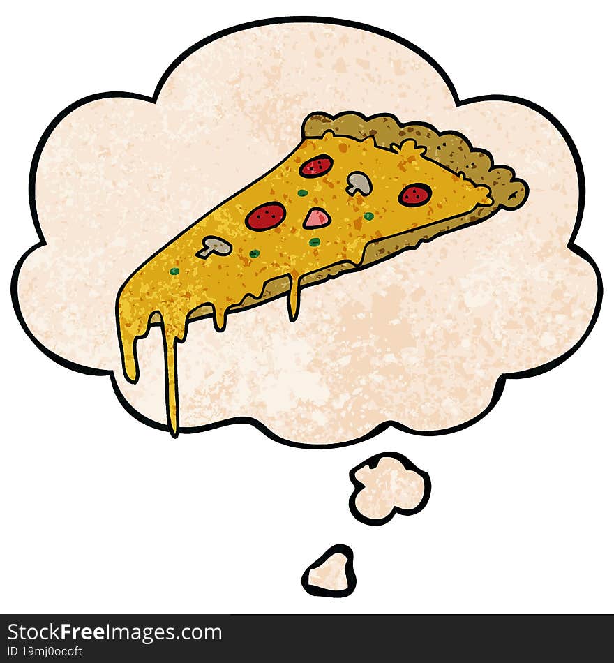 cartoon pizza slice and thought bubble in grunge texture pattern style