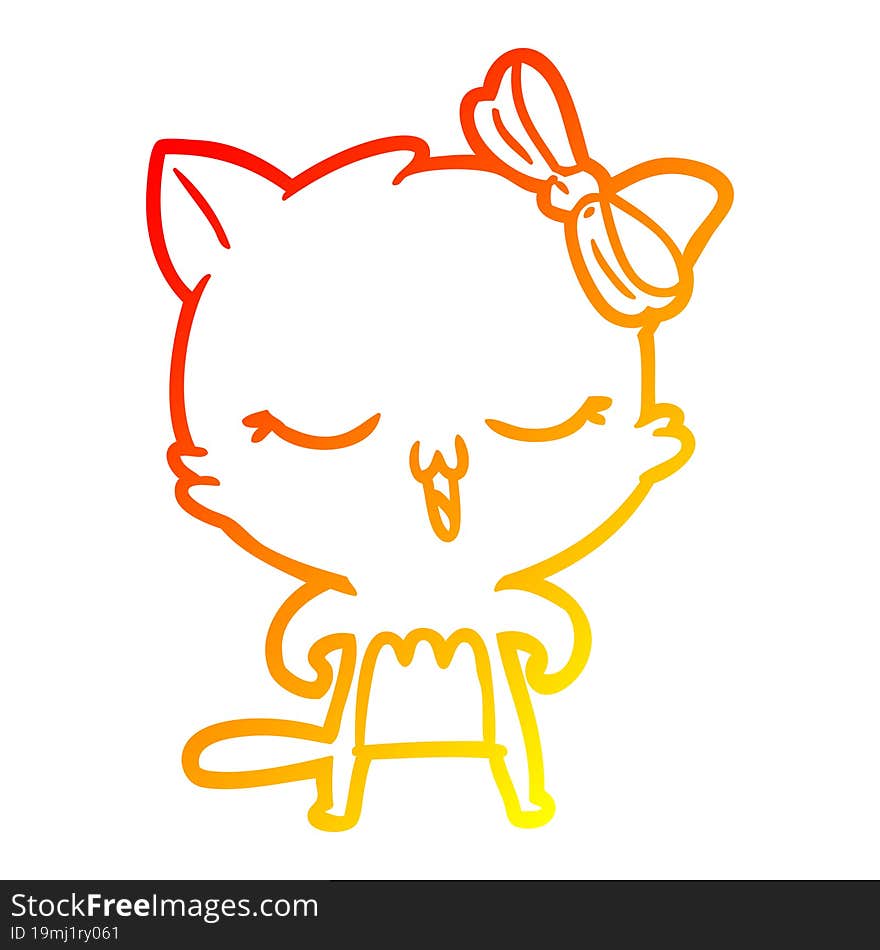 warm gradient line drawing cartoon cat with bow on head