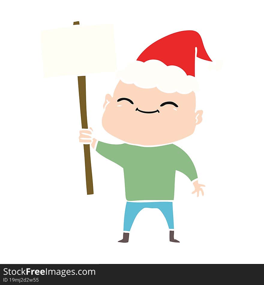 happy hand drawn flat color illustration of a bald man wearing santa hat. happy hand drawn flat color illustration of a bald man wearing santa hat