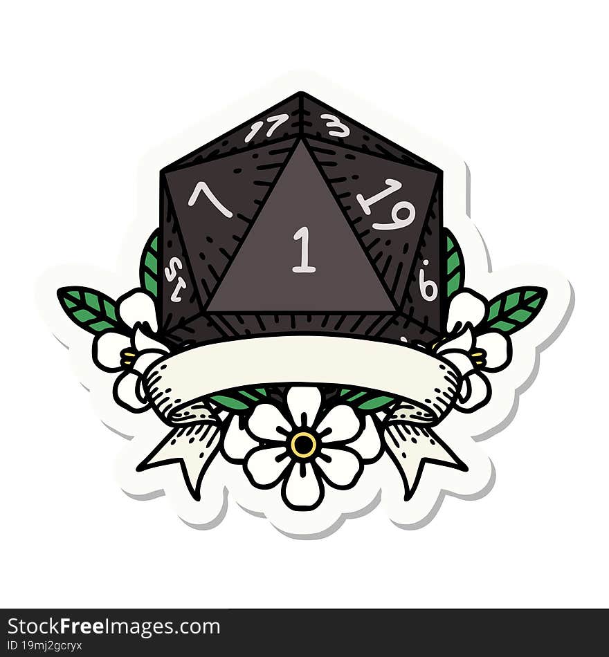 sticker of a natural one d20 dice roll. sticker of a natural one d20 dice roll