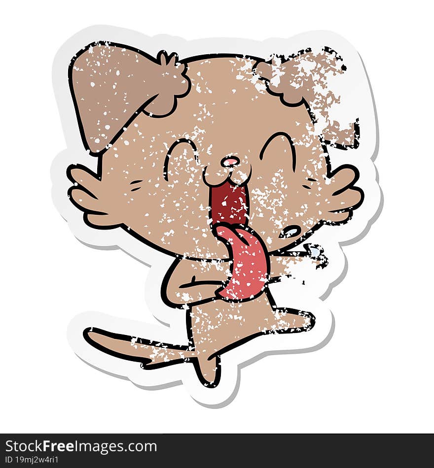 distressed sticker of a cartoon panting dog