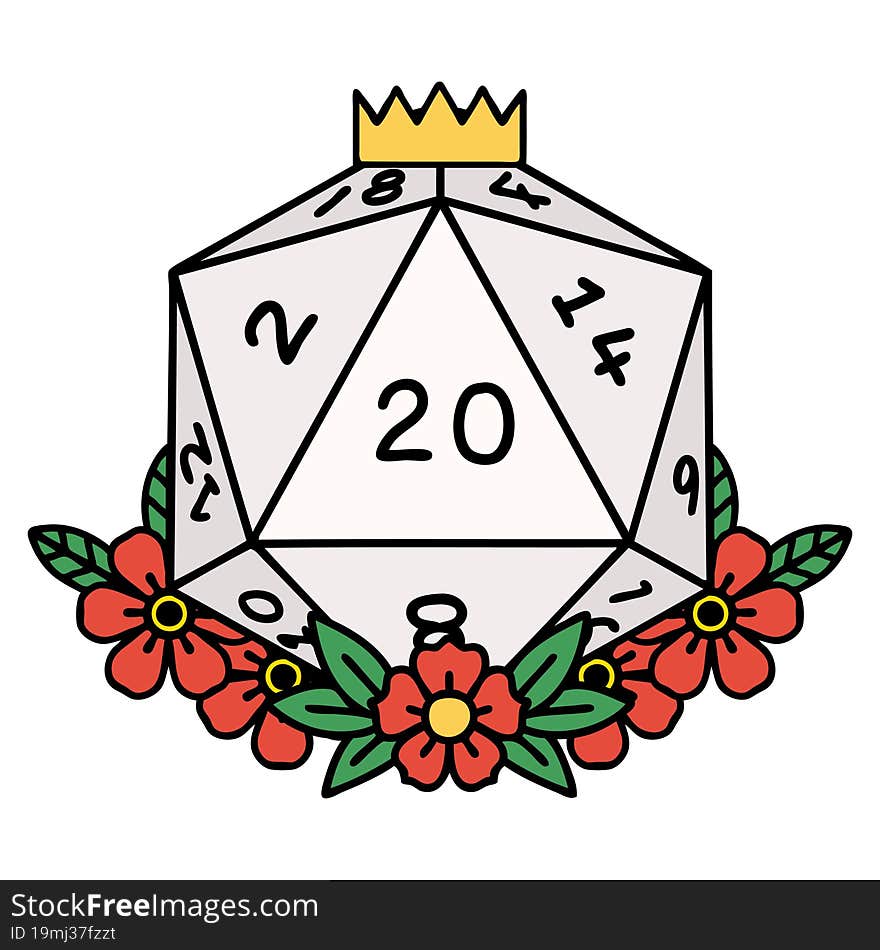 Natural 20 D20 Dice Roll With Floral Elements Illustration