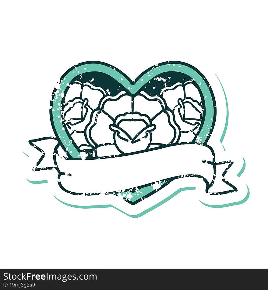 distressed sticker tattoo style icon of a heart and banner with flowers