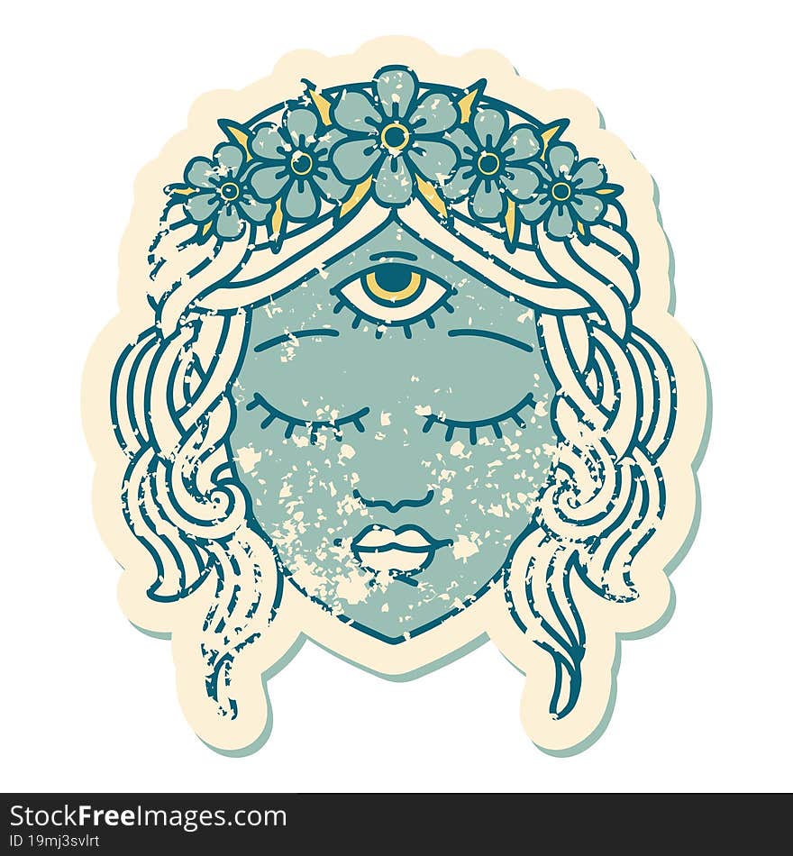 distressed sticker tattoo style icon of female face