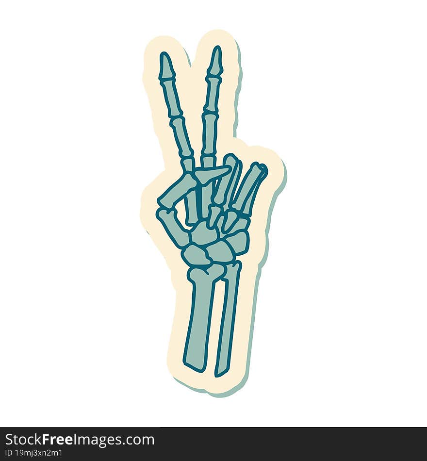 tattoo style sticker of a skeleton hand giving a peace sign