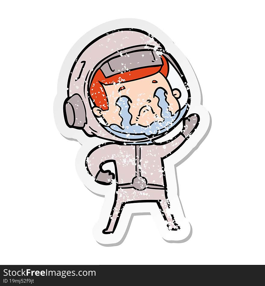 distressed sticker of a cartoon crying astronaut