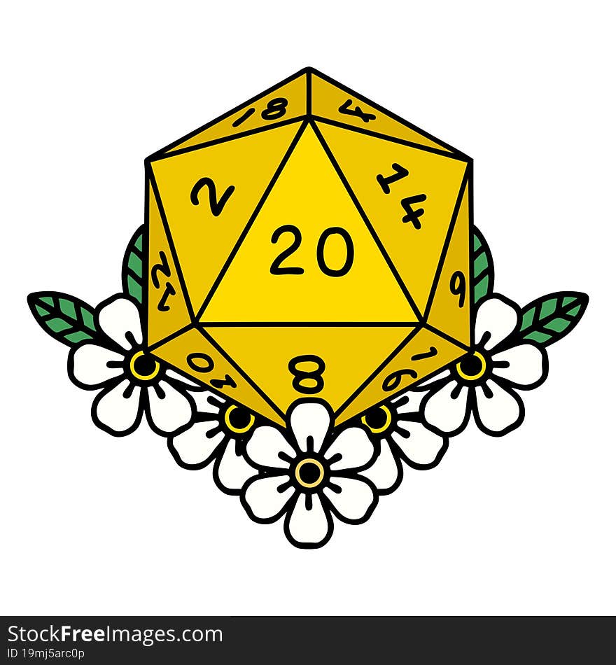 Natural 20 D20 Dice Roll With Floral Elements Illustration