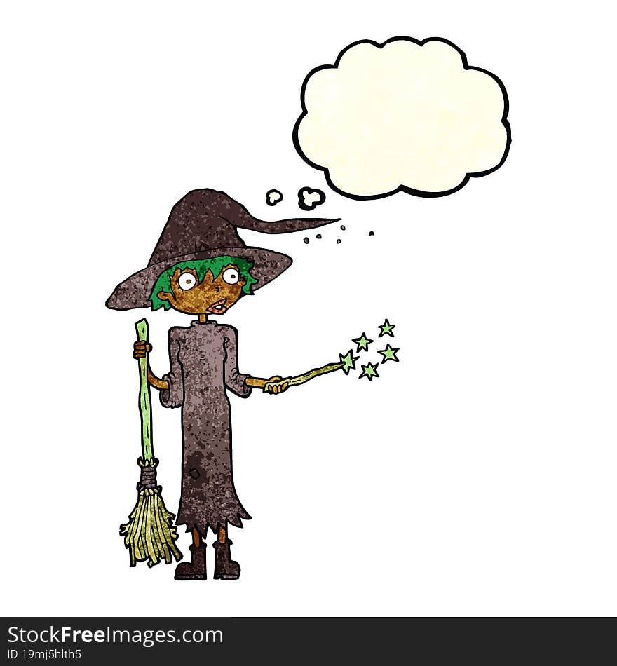 cartoon witch casting spell with thought bubble