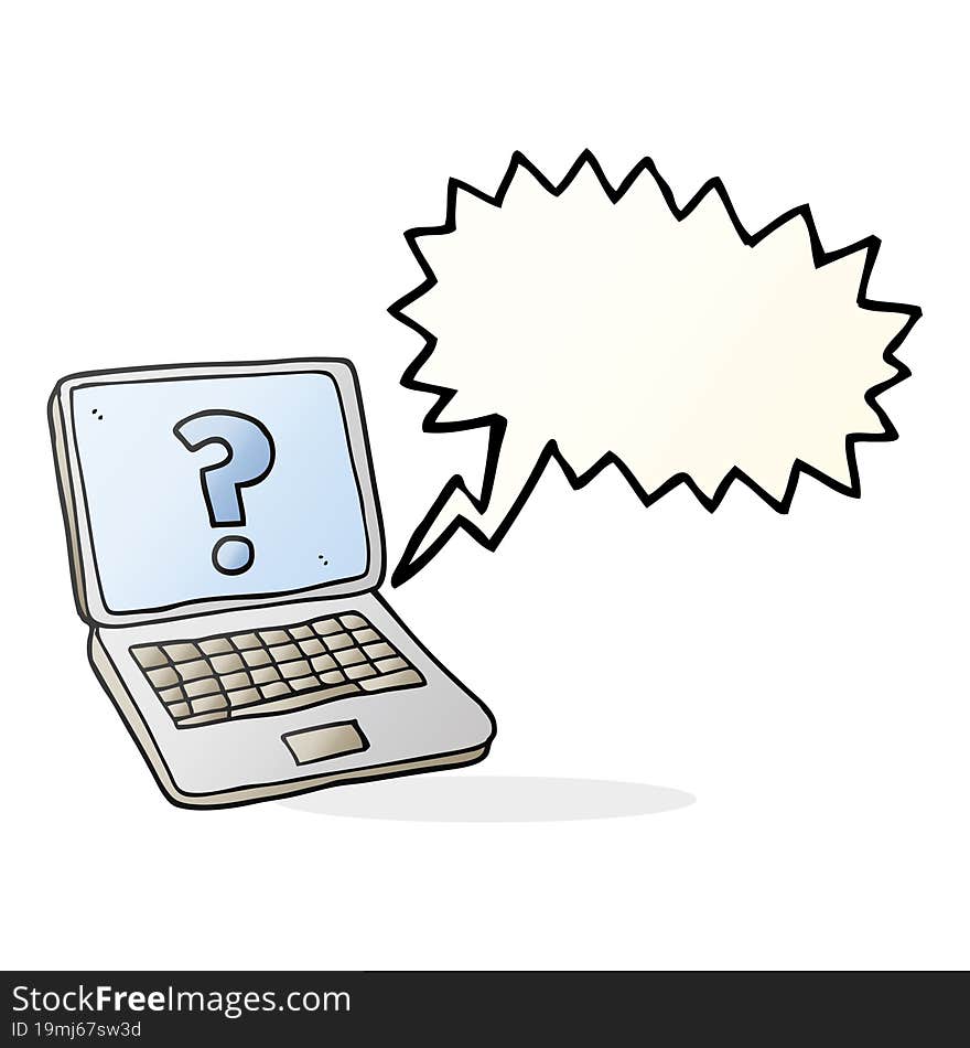 freehand drawn speech bubble cartoon laptop computer with question mark