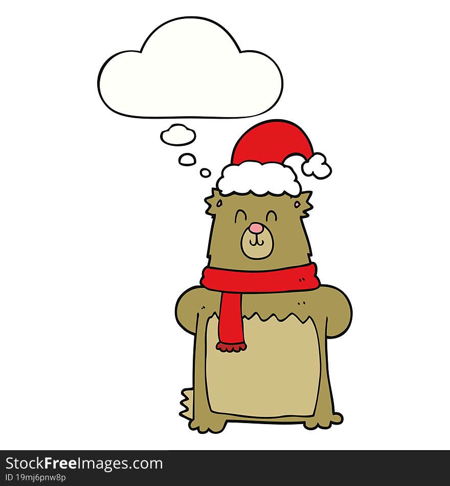 cartoon bear wearing christmas hat and thought bubble