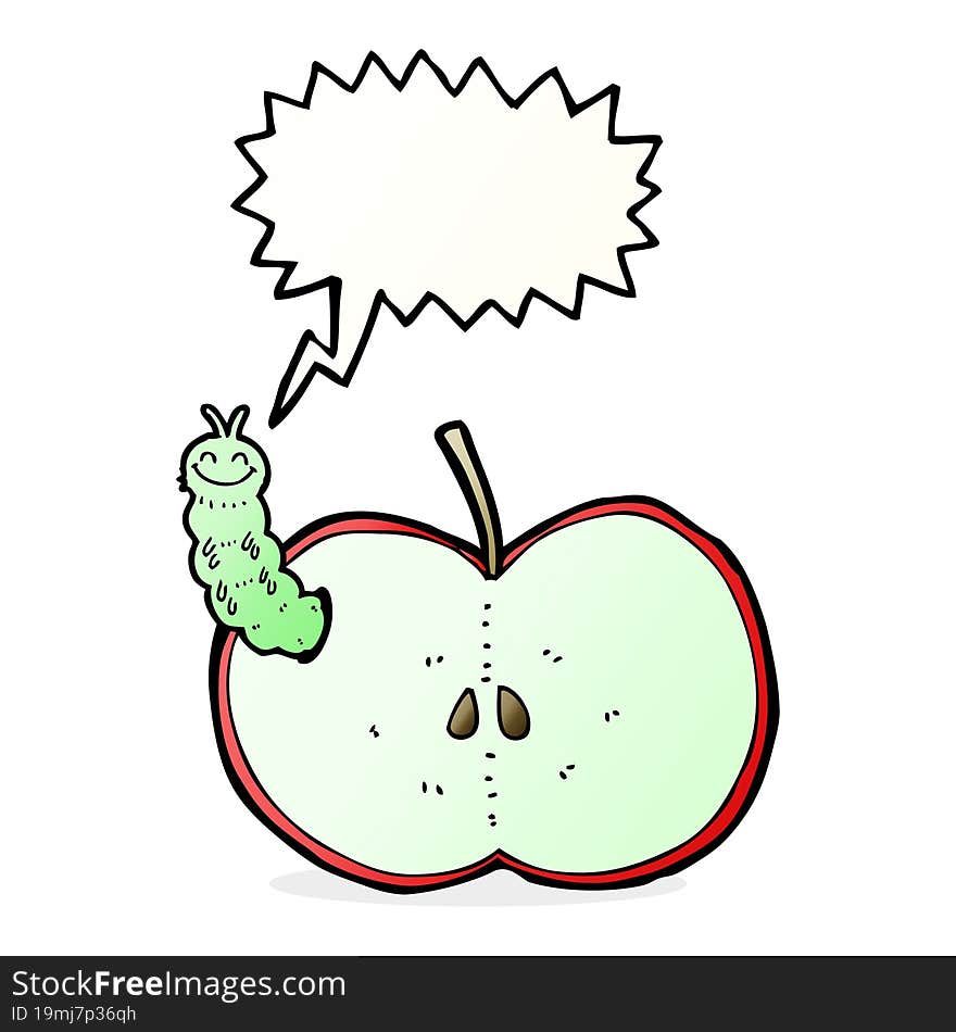 cartoon bug eating apple with speech bubble