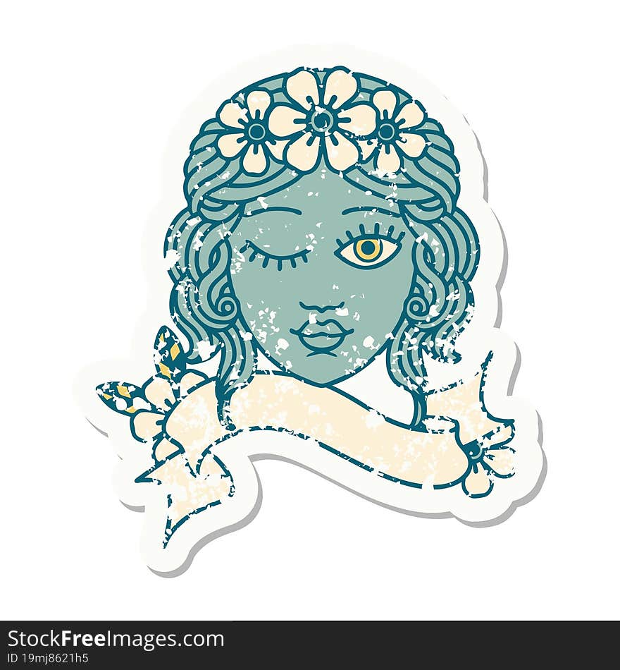 grunge sticker with banner of a maidens face winking