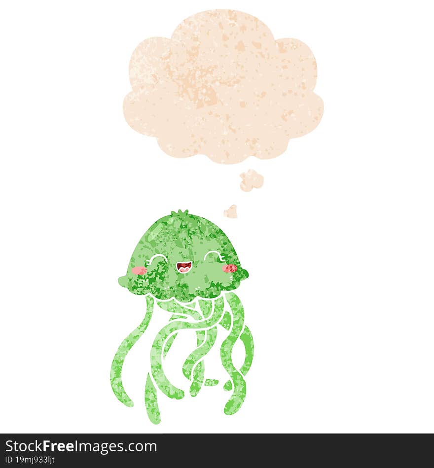 cute cartoon jellyfish and thought bubble in retro textured style