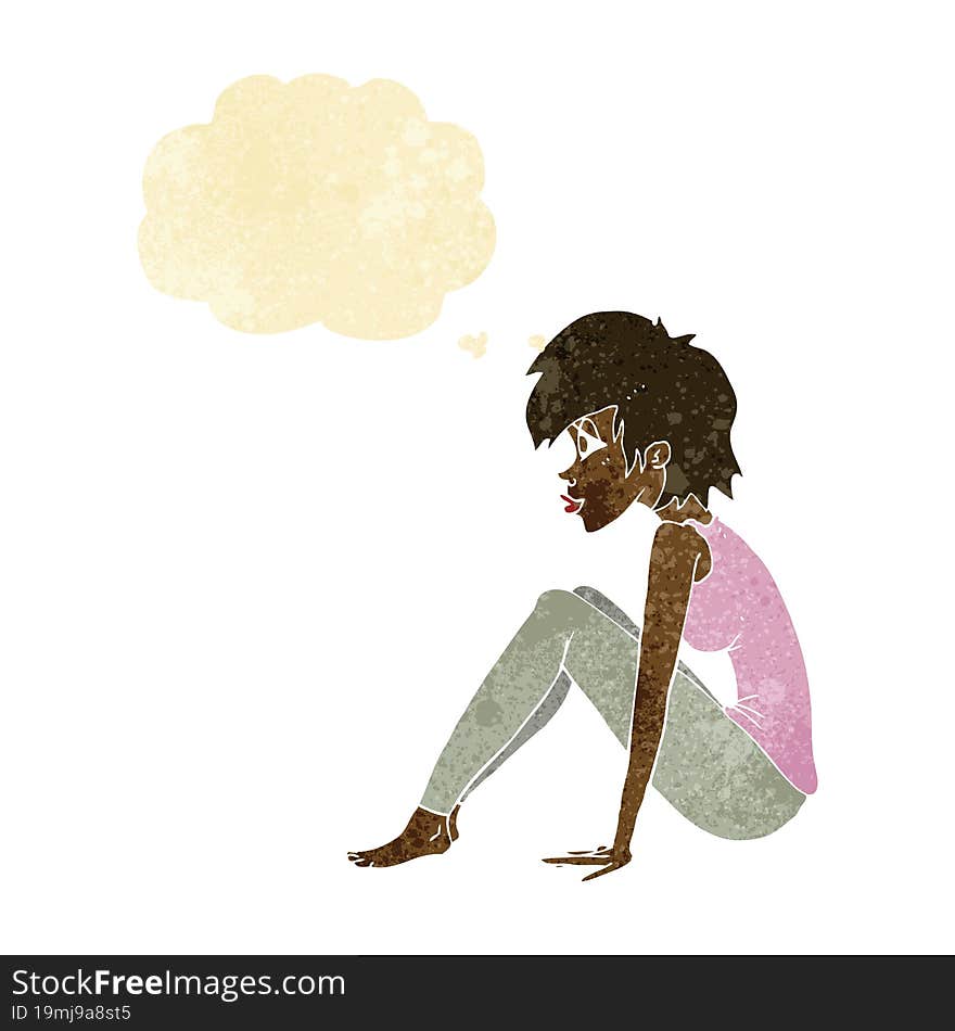 cartoon woman sitting with thought bubble