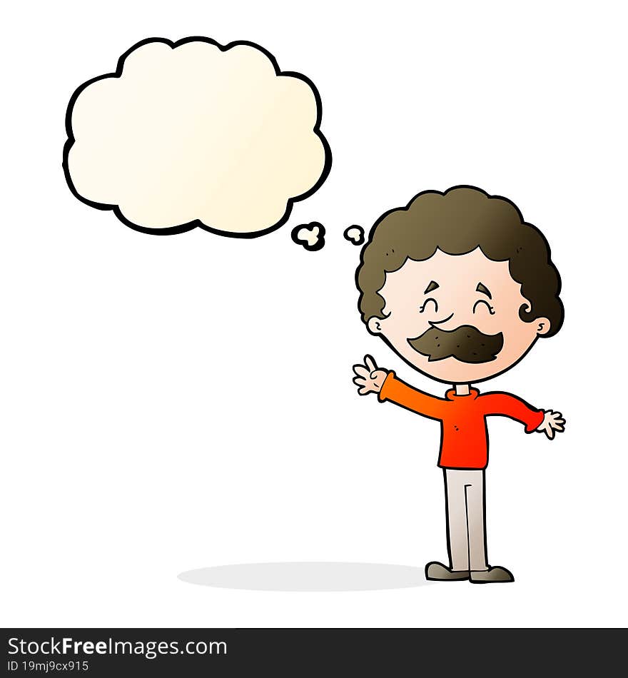 cartoon man with mustache waving with thought bubble