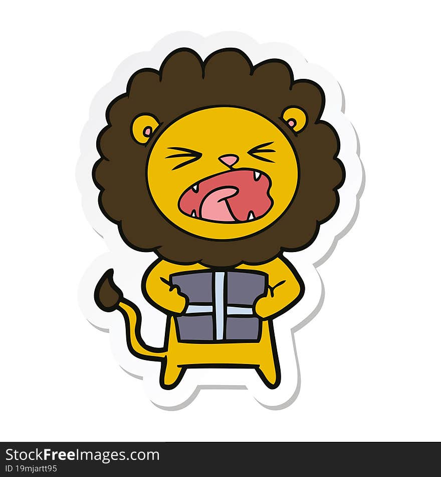 sticker of a cartoon lion with christmas present