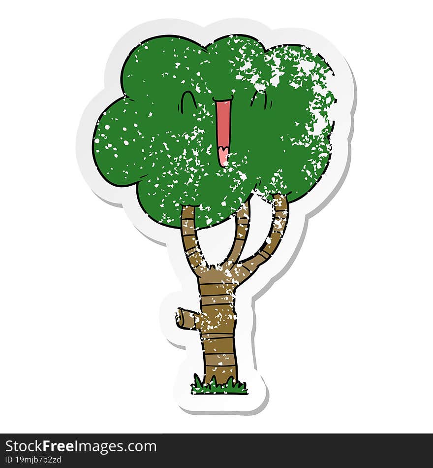 distressed sticker of a cartoon laughing tree