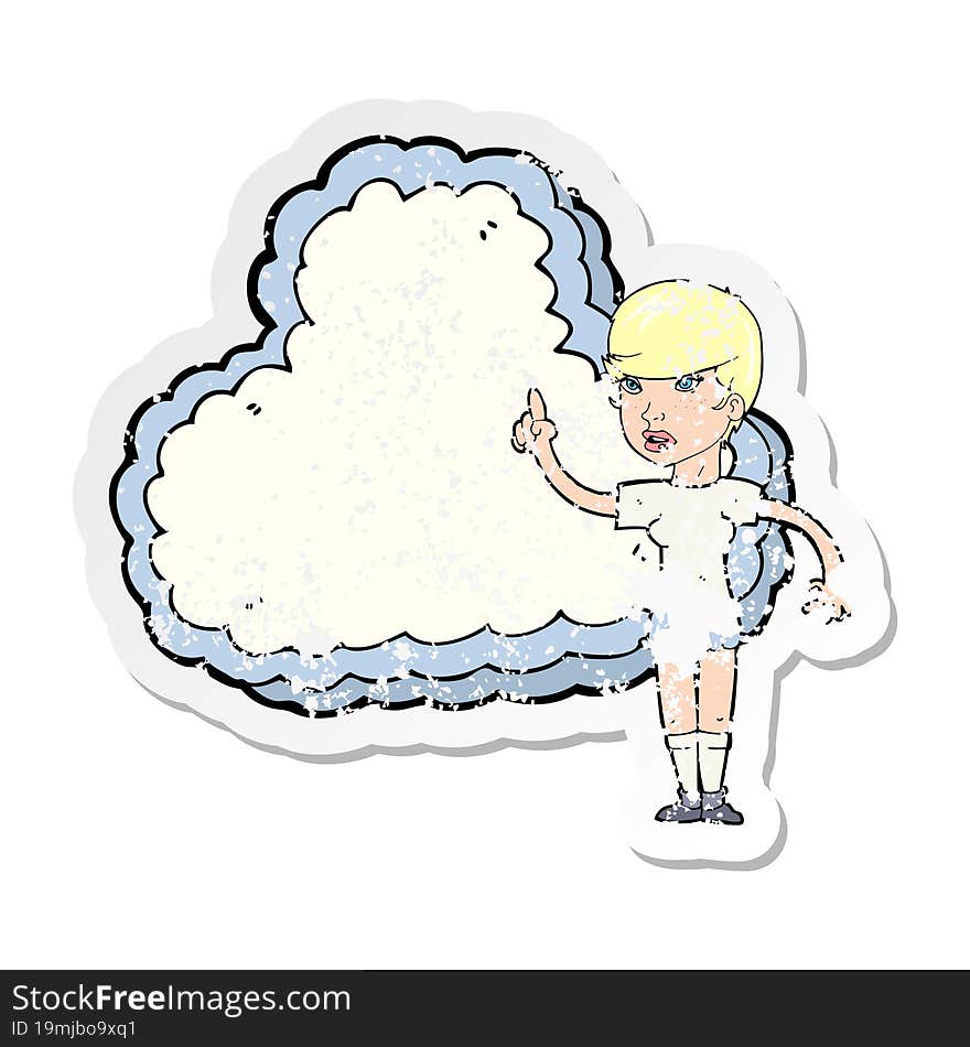 retro distressed sticker of a woman with text space cloud