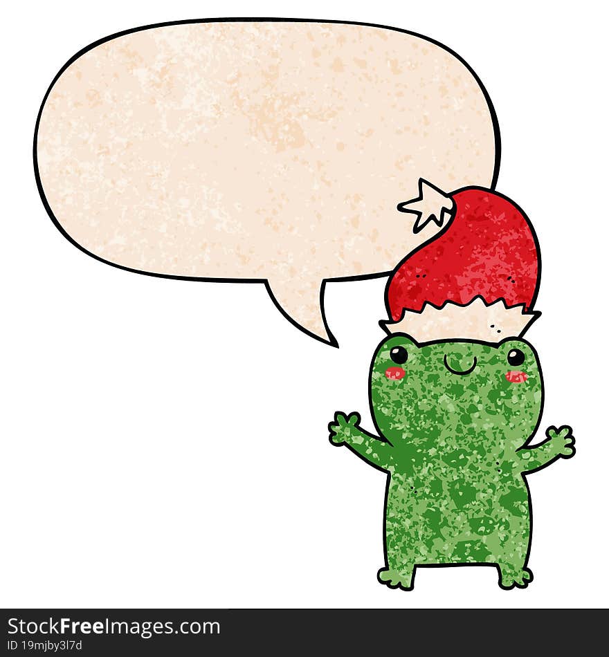 cute christmas frog and speech bubble in retro texture style