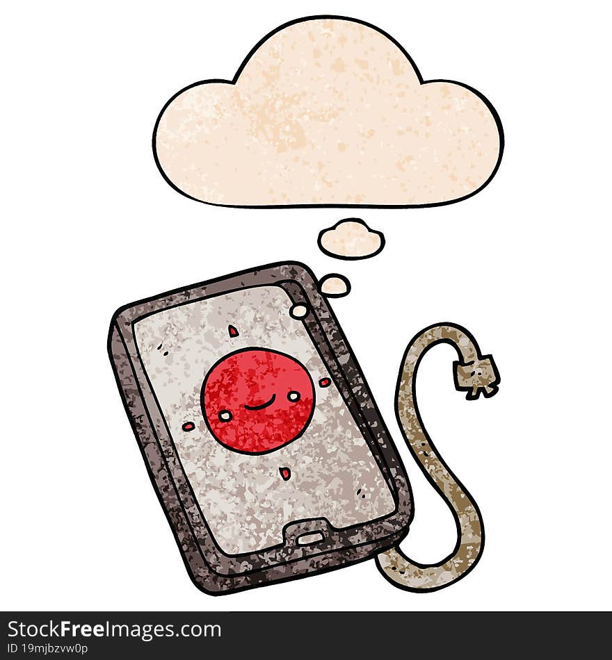 cartoon mobile phone device with thought bubble in grunge texture style. cartoon mobile phone device with thought bubble in grunge texture style