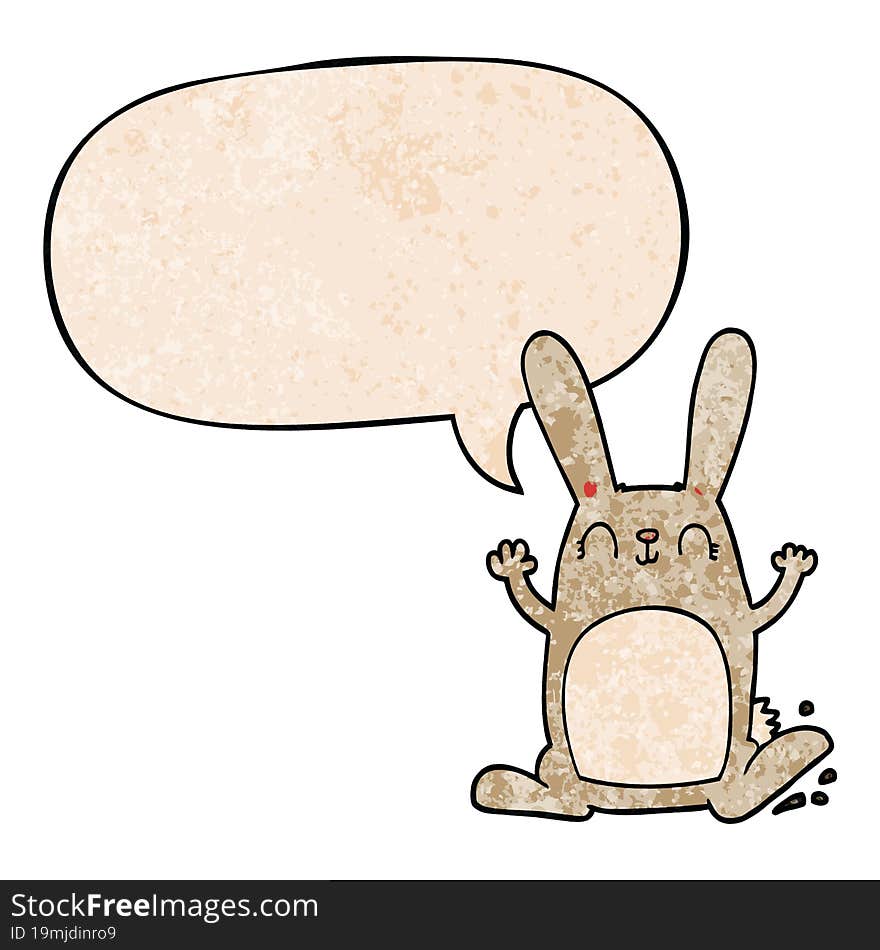 cartoon rabbit with speech bubble in retro texture style