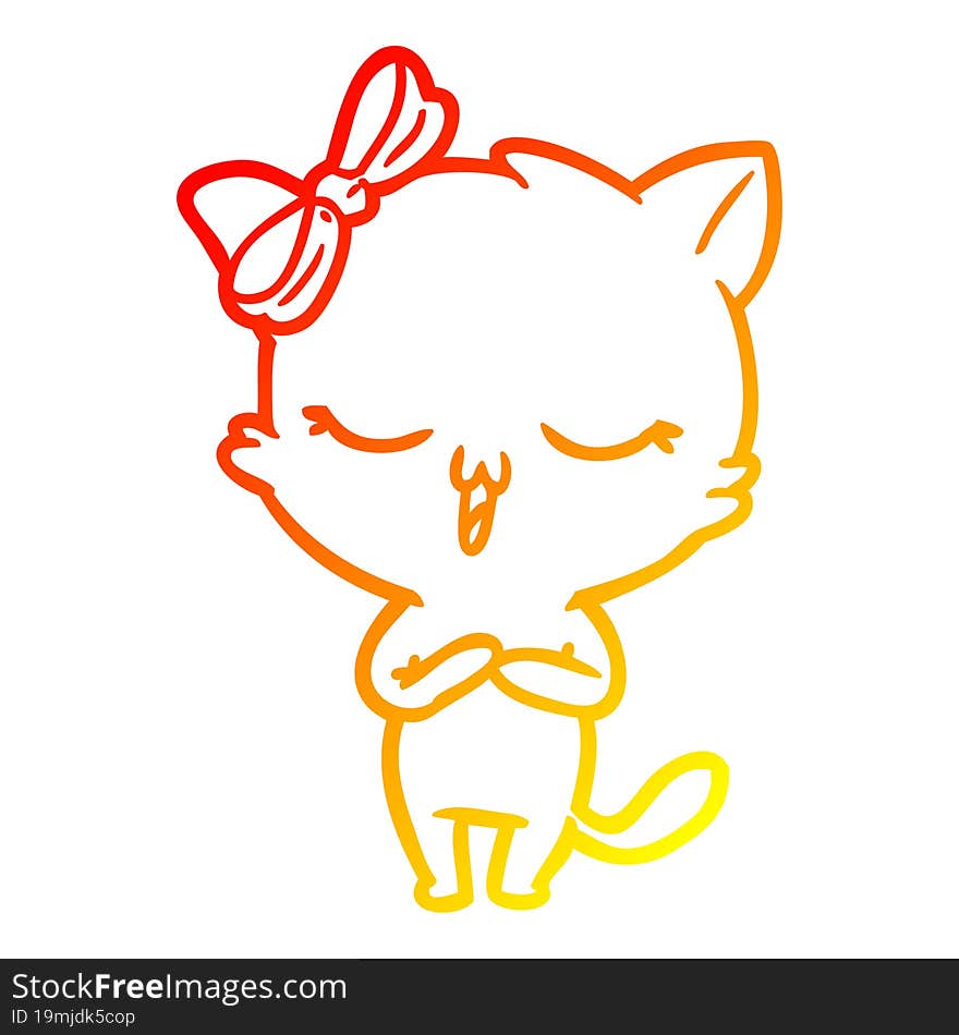 warm gradient line drawing cartoon cat with bow on head