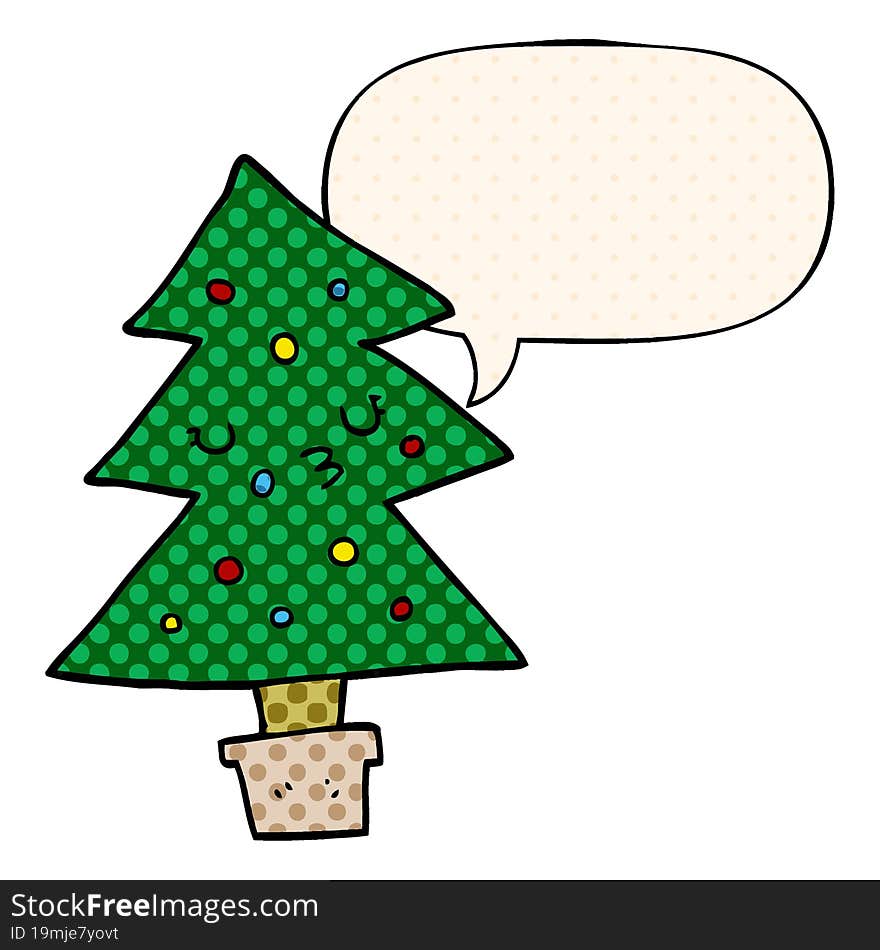 cartoon christmas tree with speech bubble in comic book style