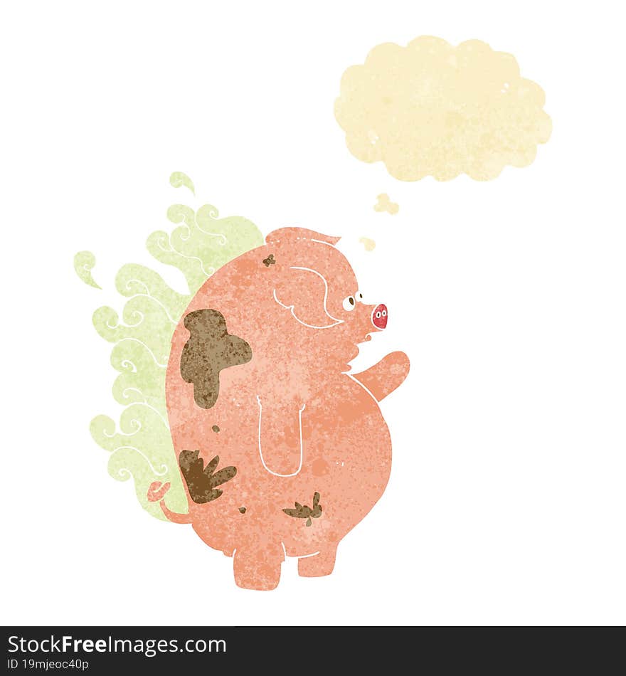 cartoon fat smelly pig with thought bubble