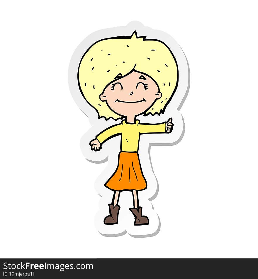 sticker of a cartoon happy girl giving thumbs up symbol