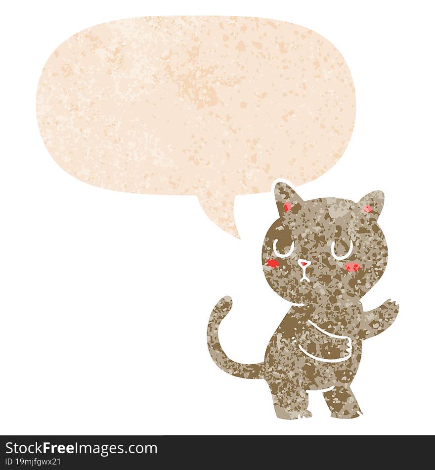 cartoon cat and speech bubble in retro textured style