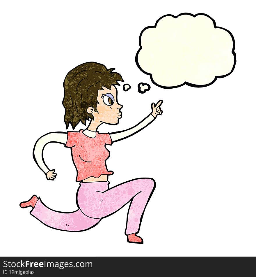 cartoon woman running and pointing with thought bubble