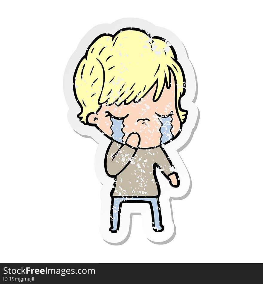 distressed sticker of a cartoon woman crying