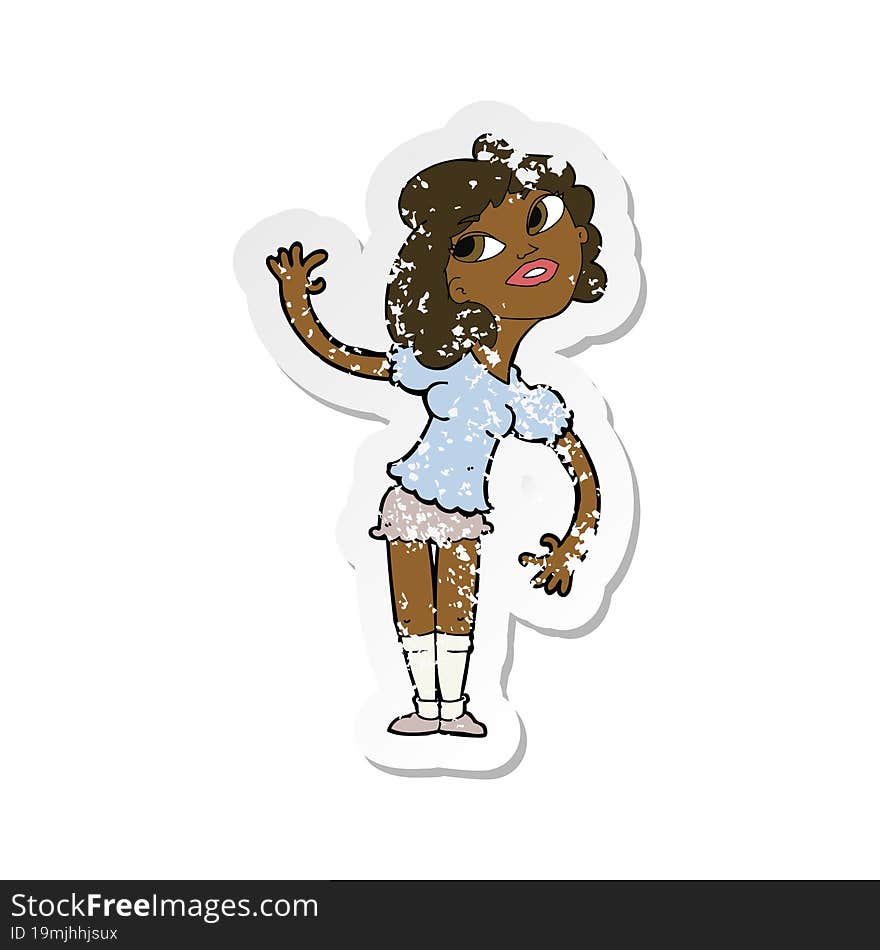 retro distressed sticker of a cartoon woman waving