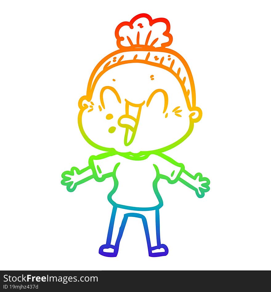 rainbow gradient line drawing of a cartoon happy old woman