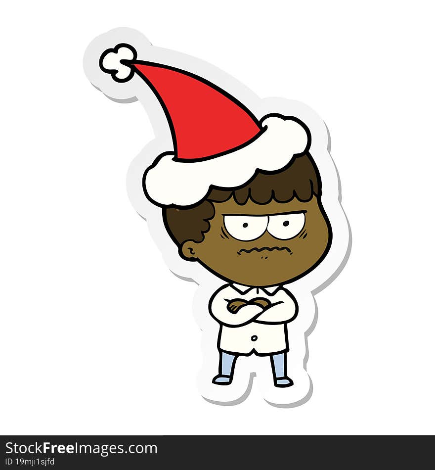 sticker cartoon of an annoyed man wearing santa hat