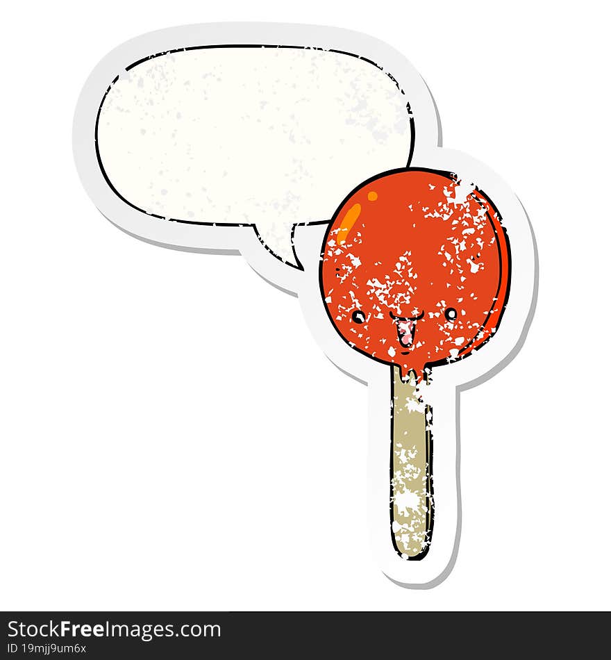 cartoon candy lollipop and speech bubble distressed sticker