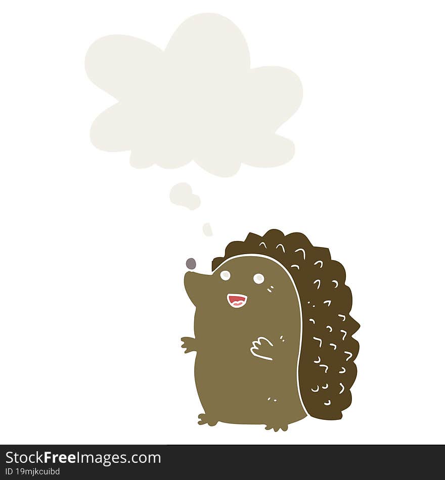 cartoon happy hedgehog and thought bubble in retro style